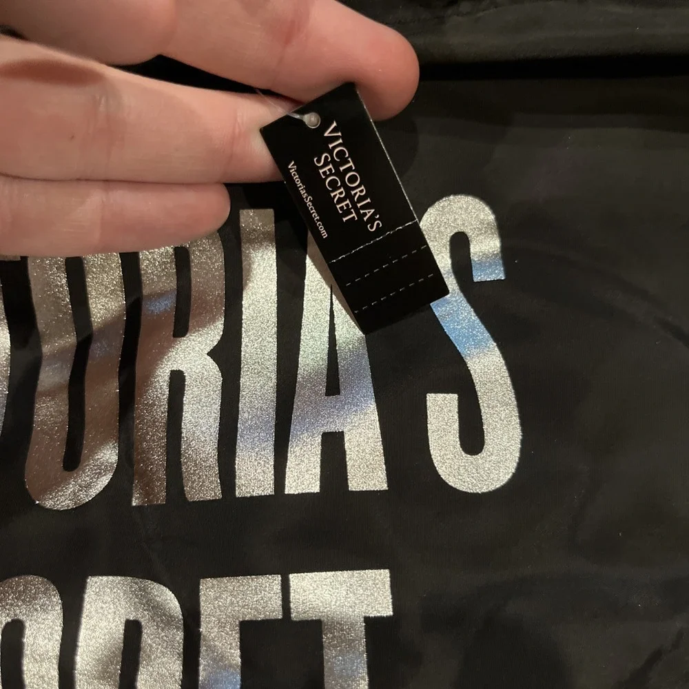 Victoria's Secret Drawstring Backpack Lightweight Gym Travel Casual Black&Silver